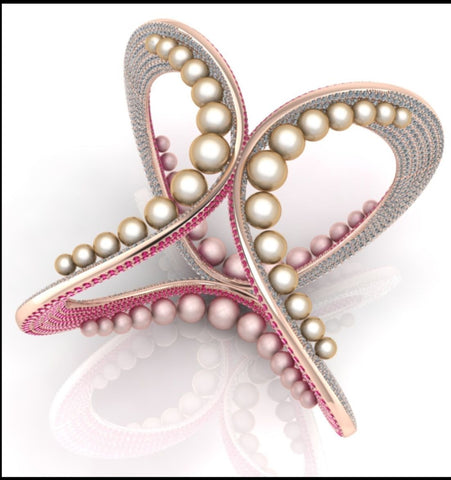 Duet cuff by Ambika Thandavan of Ganjam Nagappa & Son (P) Ltd. in Bangalore, India. Proposed design to be made in 18k rose gold with pink and cream-color akoya pearls, pink tourmalines, and diamonds.