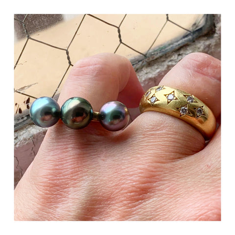 Ring in 14k yellow gold with three 9 mm cultured Tahitian pearls by Matt Harris Designs