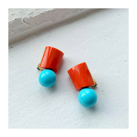 Earrings in 18k and 18.5k yellow gold with 12.5 grams of coral and 7.8 grams of turquoise by Sean Gilson for Assael
