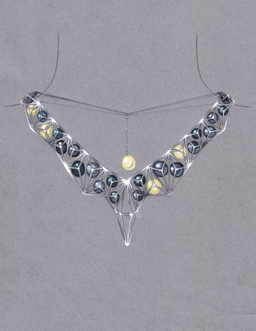 My Glamorous Armor necklace by Wei Lo, a student from Taiwan. Proposed design to be made in platinum with black and peacock-green Tahitian pearls and golden-yellow South Sea pearls.