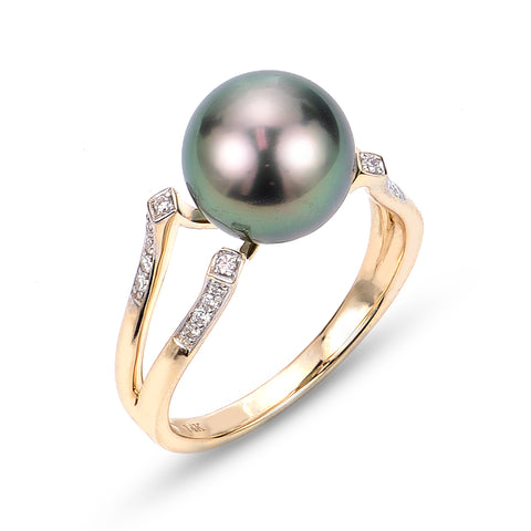 Ring in 14k yellow gold with a Tahitian pearl and diamond accents