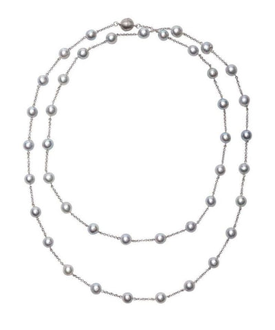 Station-style necklace in 14k white gold with natural-color blue-gray baroque-shape akoyas and a magnetic clasp, $2,600; Baggins