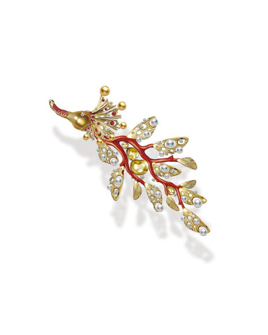 Flood Dragon brooch in 18k gold with cultured baroque golden South Sea and white akoya pearls, coral, and diamonds by Yen-Yu Lee of Liang You Coral Design Corporation (Taiwan)