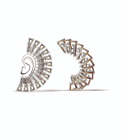 Roman Gladiatrix ear cuff in 18k gold with cultured white freshwater pearls by Tanya Meher of C. Krishniah Chetty & Sons Pvt. Ltd