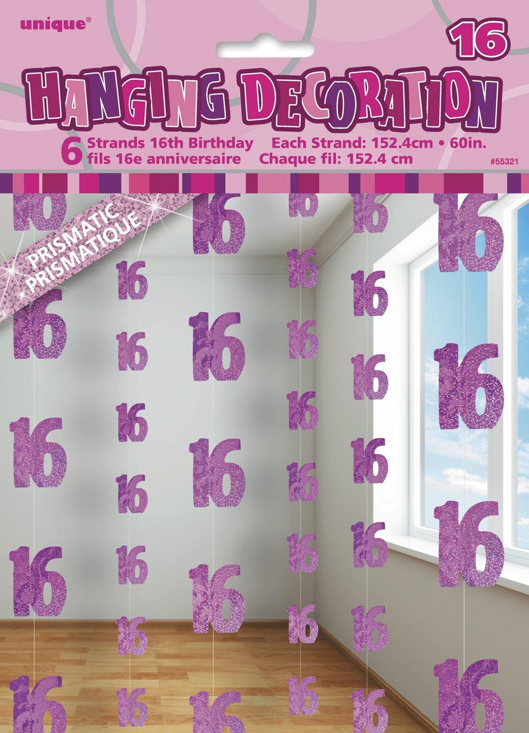 6 Pack Glitz Pink 16 Hanging Decorations - 1.5m - The Base Warehouse