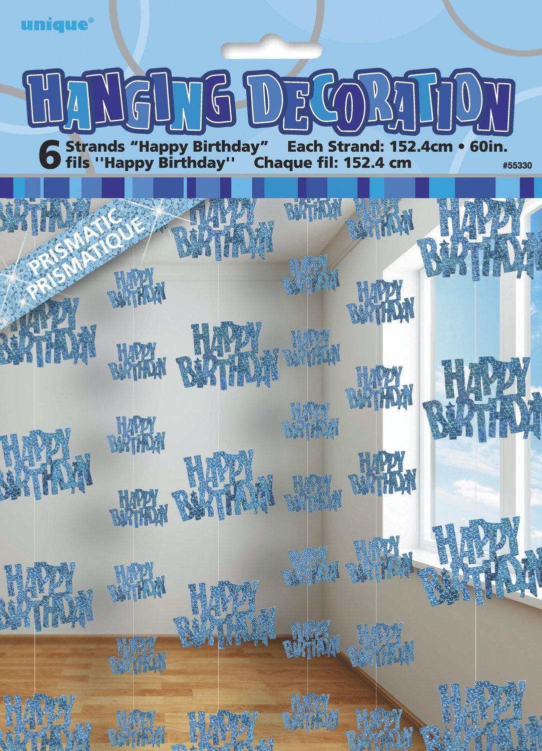 6 Pack Glitz Blue Happy Birthday Hanging Decorations - 1.5m - The Base Warehouse