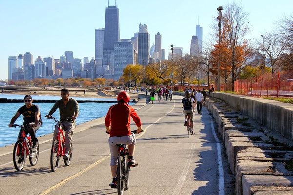 Cycling along Lakeshore Drive in Chicago.