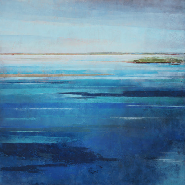 Blue square coastal abstract landscape painting.