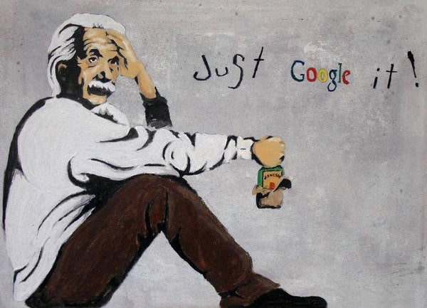 Illustration of Einstein sitting sideways with text, "Just Google It".