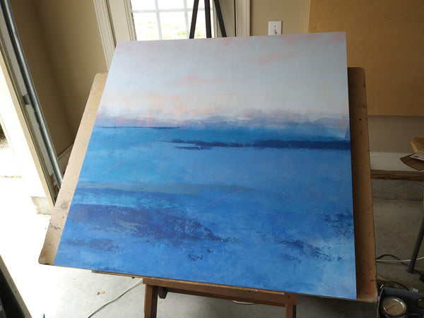Work-in-progress blue landscape painting.