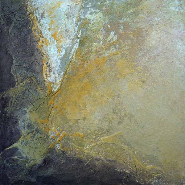 Yellow dijon-colored abstract painting resembling a rock wall with cracks.