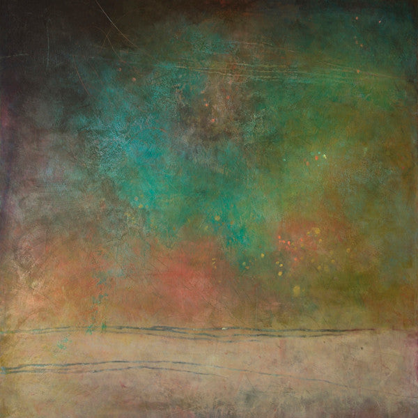 Atmospheric teal green square abstract painting