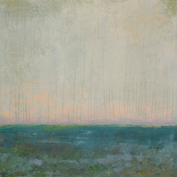 Abstract beach painting with salmon skies kissing bluegreen waters at the horizon.