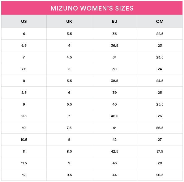 Mizuno | Women's | Size Guide - Sole Motive