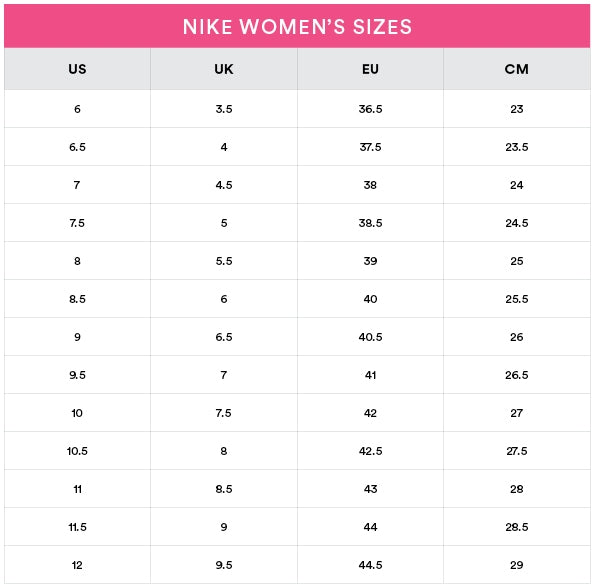Nike | Women's | Running | Size Chart - Motive