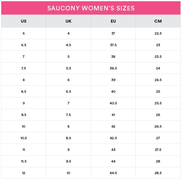 saucony shoes size chart