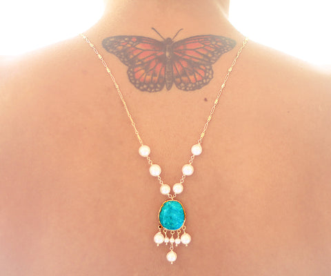 Turquoise Lotus Gold One of a kind necklace Arizona Turquoise pendant on cultured white pearls - The Sage Lifestyle