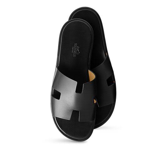 Hermes Male Black Leather Slippers 