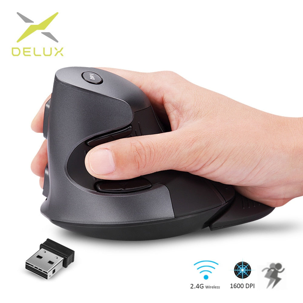 Delux M618GX Ergonomic Vertical Wireless Mouse 6 Buttons 1600DPI Optical Mice With 3 Colors Silicon Rubber Case For PC Laptop