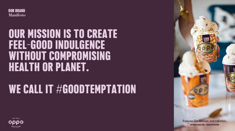 Textbox mit unserer Mission - Wohlfühlgenuss zu schaffen, ohne die Gesundheit oder den Planeten zu beeinträchtigen. Wir nennen es #GoodTemptation