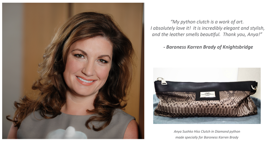 Karren Brady Python clutch bag by Anya Sushko