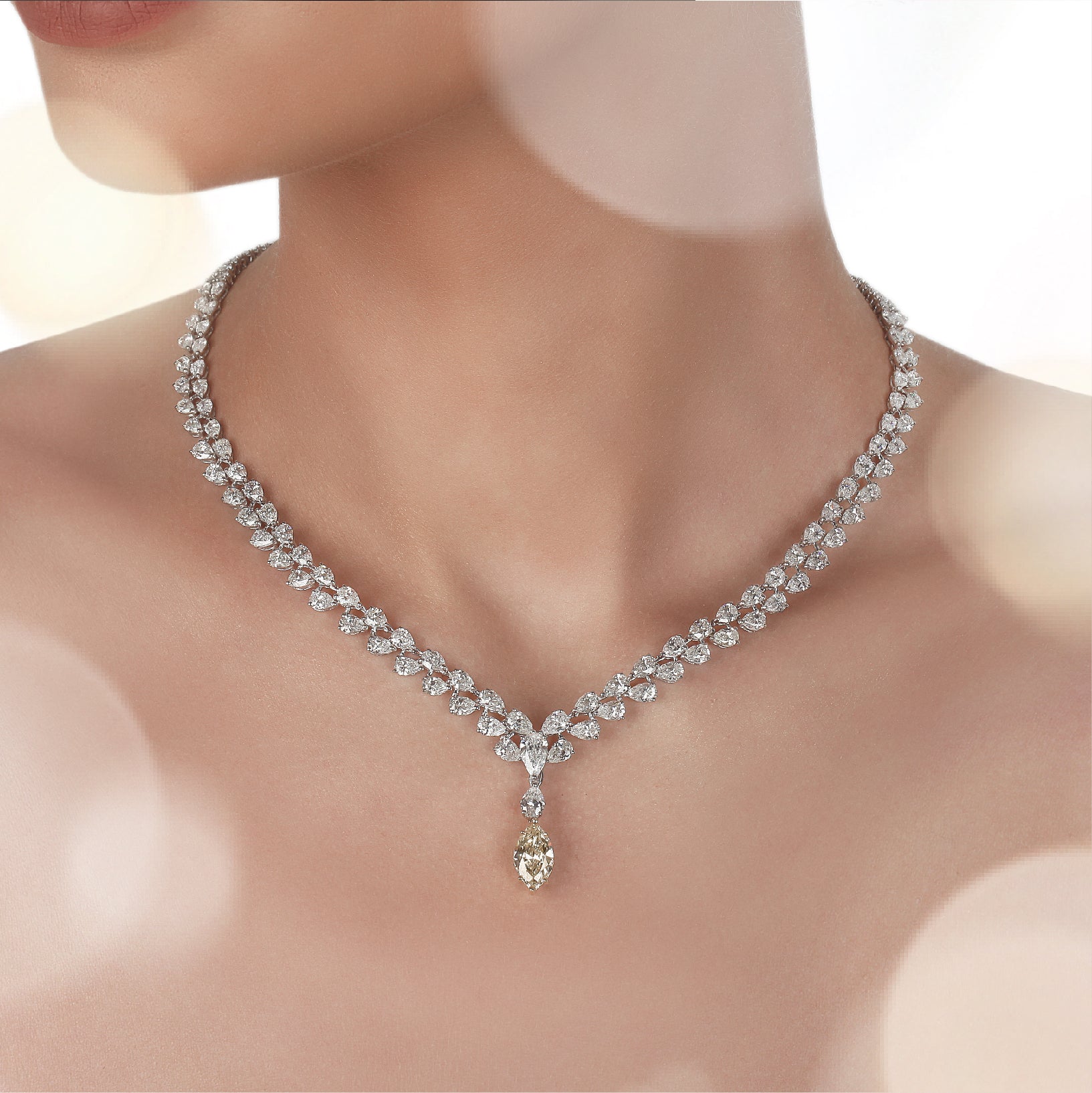 yellow diamond drop double row pear white diamond necklace | necklace set – yessayan.com