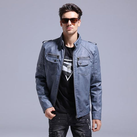 Blue Synthetic Leather Jacket
