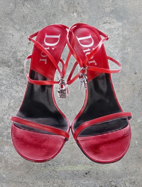 Dior Red Padlock Heeled Sandals