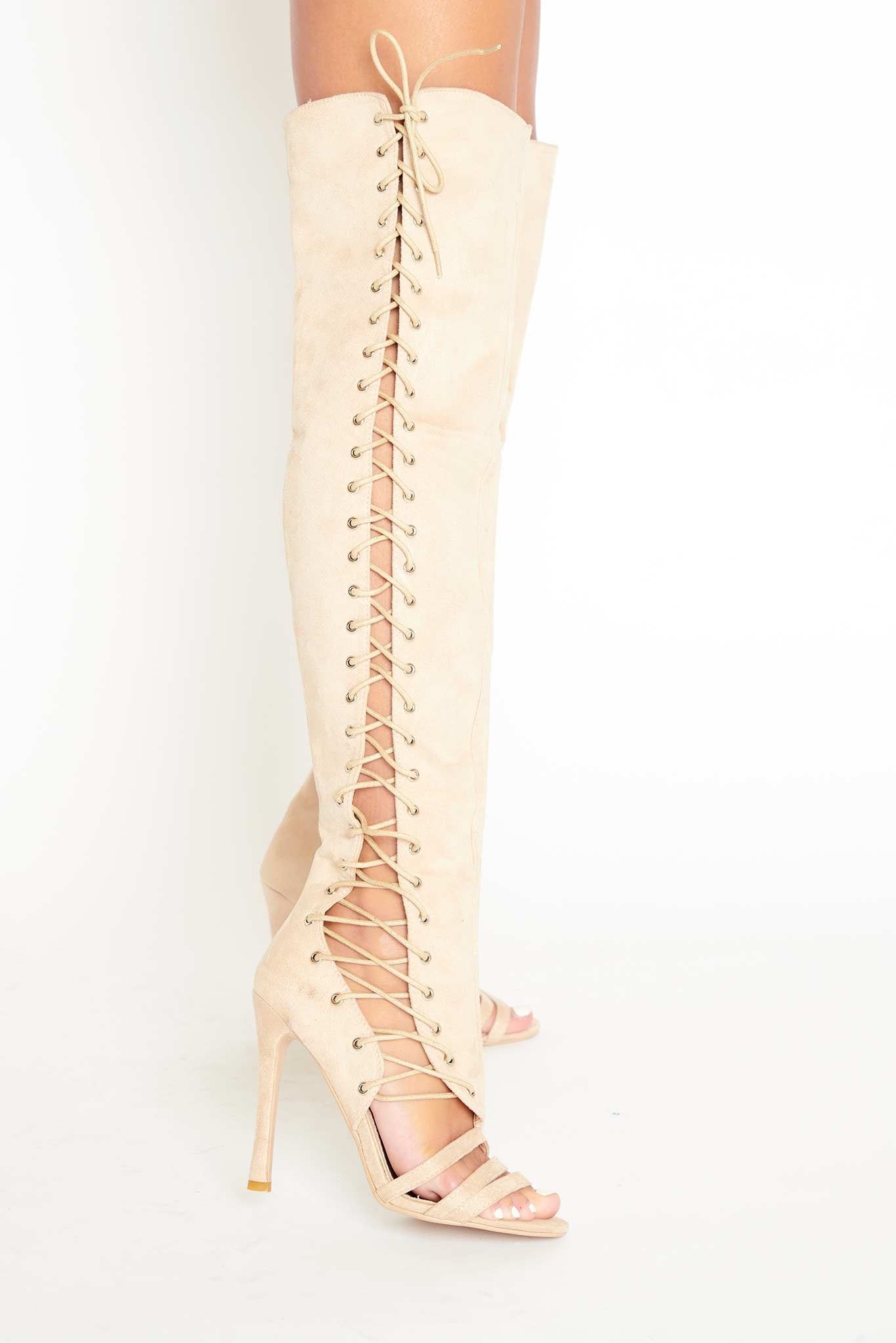 Thigh High Boots in Beige Vegan Suede