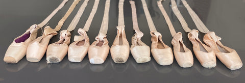 Image of pointe shoes of different styles, Merlet, Gaynor Minden, Capezio, Grishko, Russian Pointe and Bloch