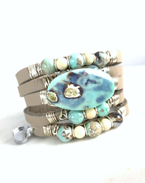 Maxi Cuff Leather / Ocean Agate / Silver Plated