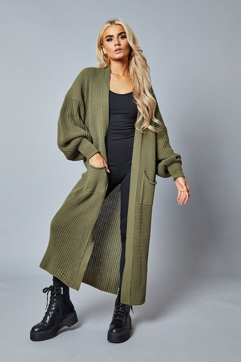 Khaki Longline Knit Maxi Cardigan - Ema - One Size