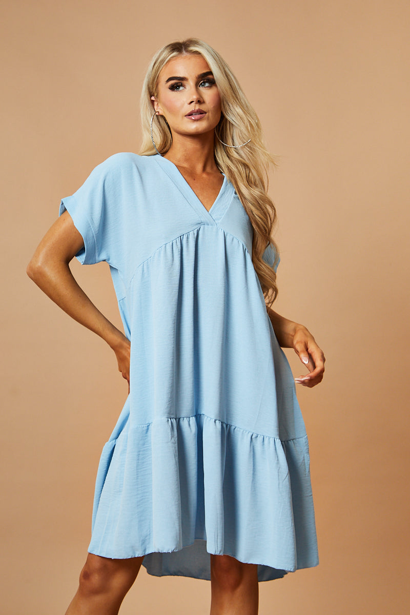Blue V-Neck Tiered Frill Mini Dress - Kate - One Size
