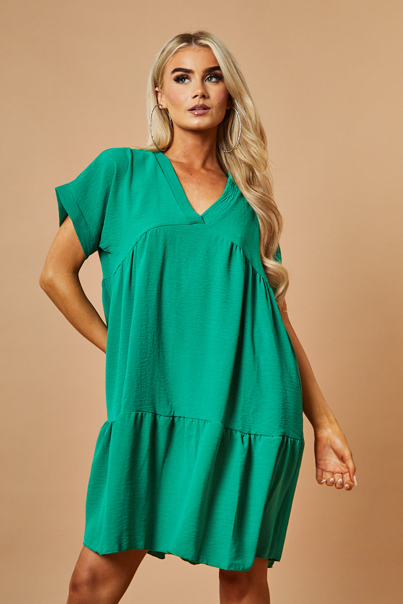 Green V-Neck Tiered Frill Mini Dress - Kate - One Size