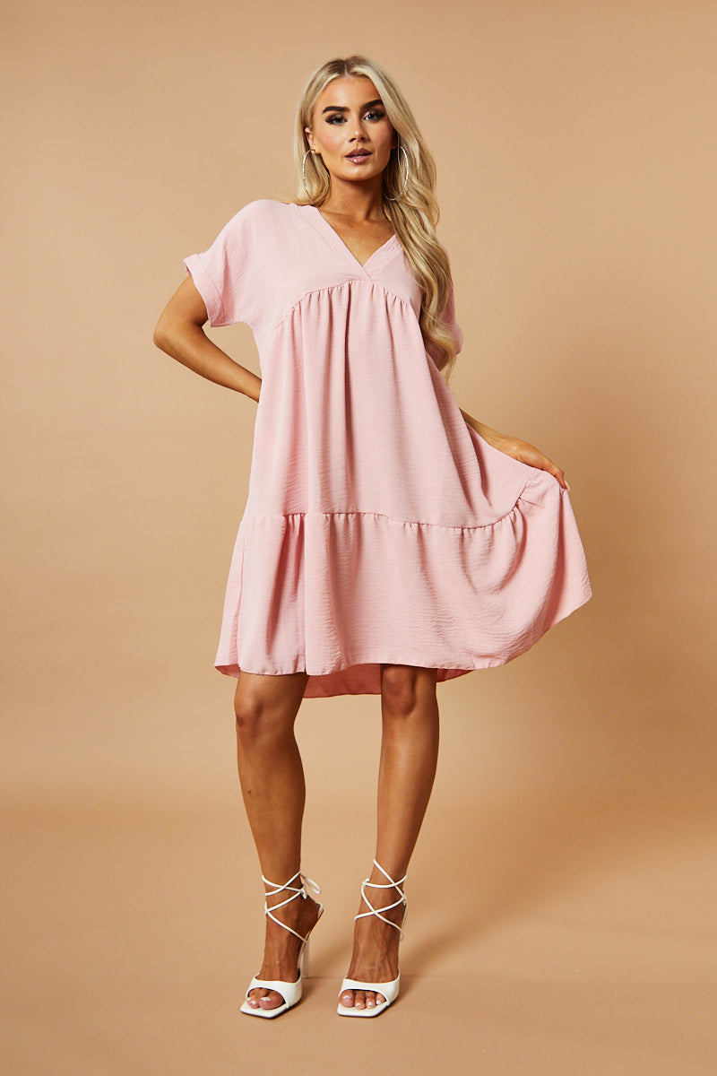 Pink V-Neck Tiered Frill Mini Dress - Kate - One Size
