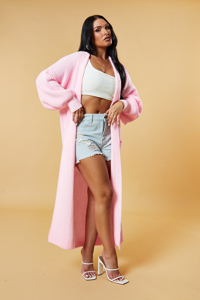 Light Pink Longline Knit Maxi Cardigan - Ema - One Size