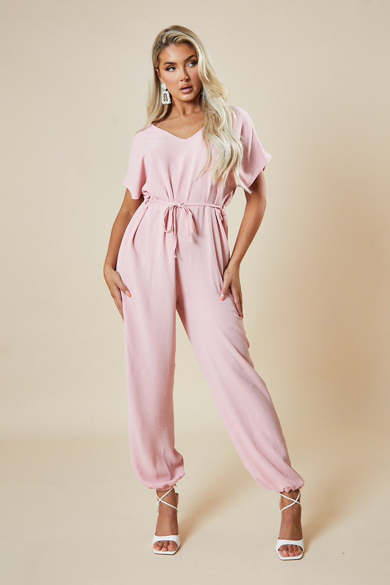 Pink V-Neck Oversized Tie Detail Jumpsuit - Sammie - One Size