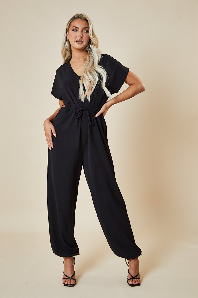 Black V-Neck Oversized Tie Detail Jumpsuit - Sammie - One Size