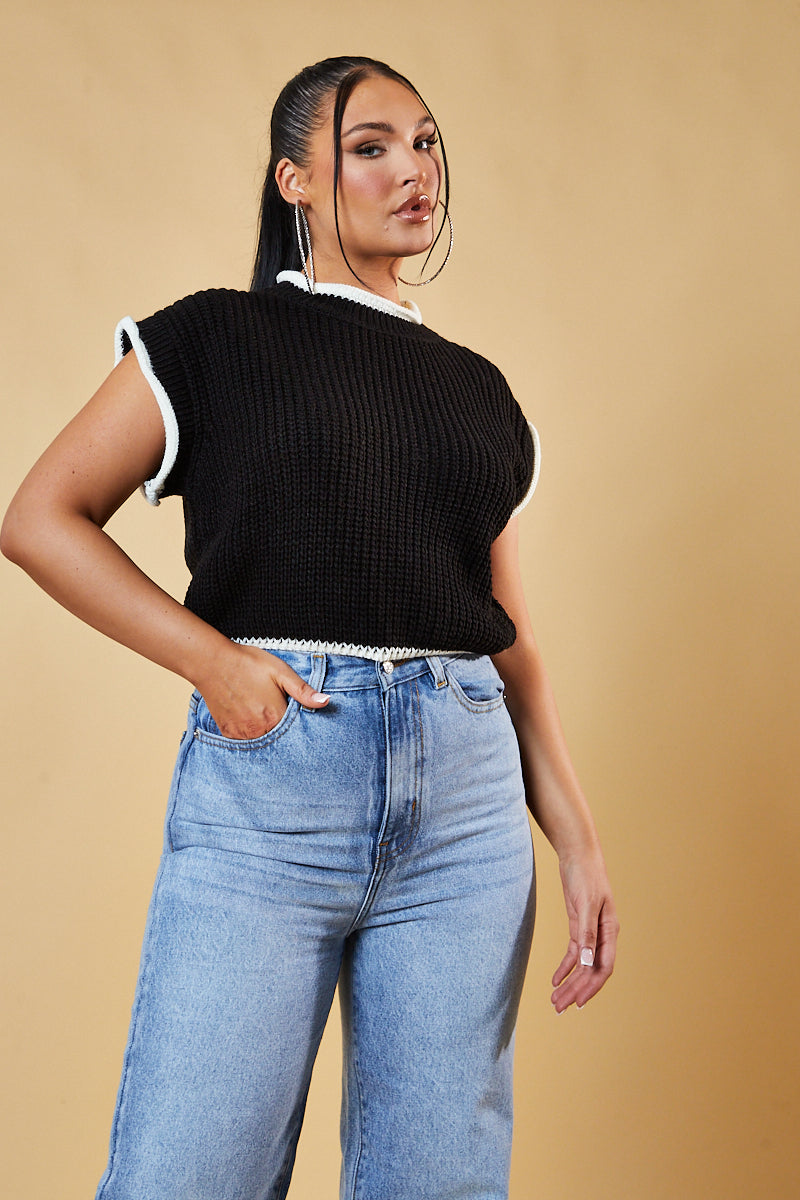 Black Knitted Contrast Edge Cropped Top - Bethany - Size 12/14