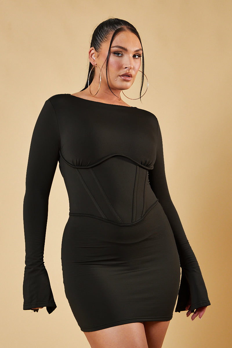 Black Corset Detail Bodycon Mini Dress - Blessing - Size 8