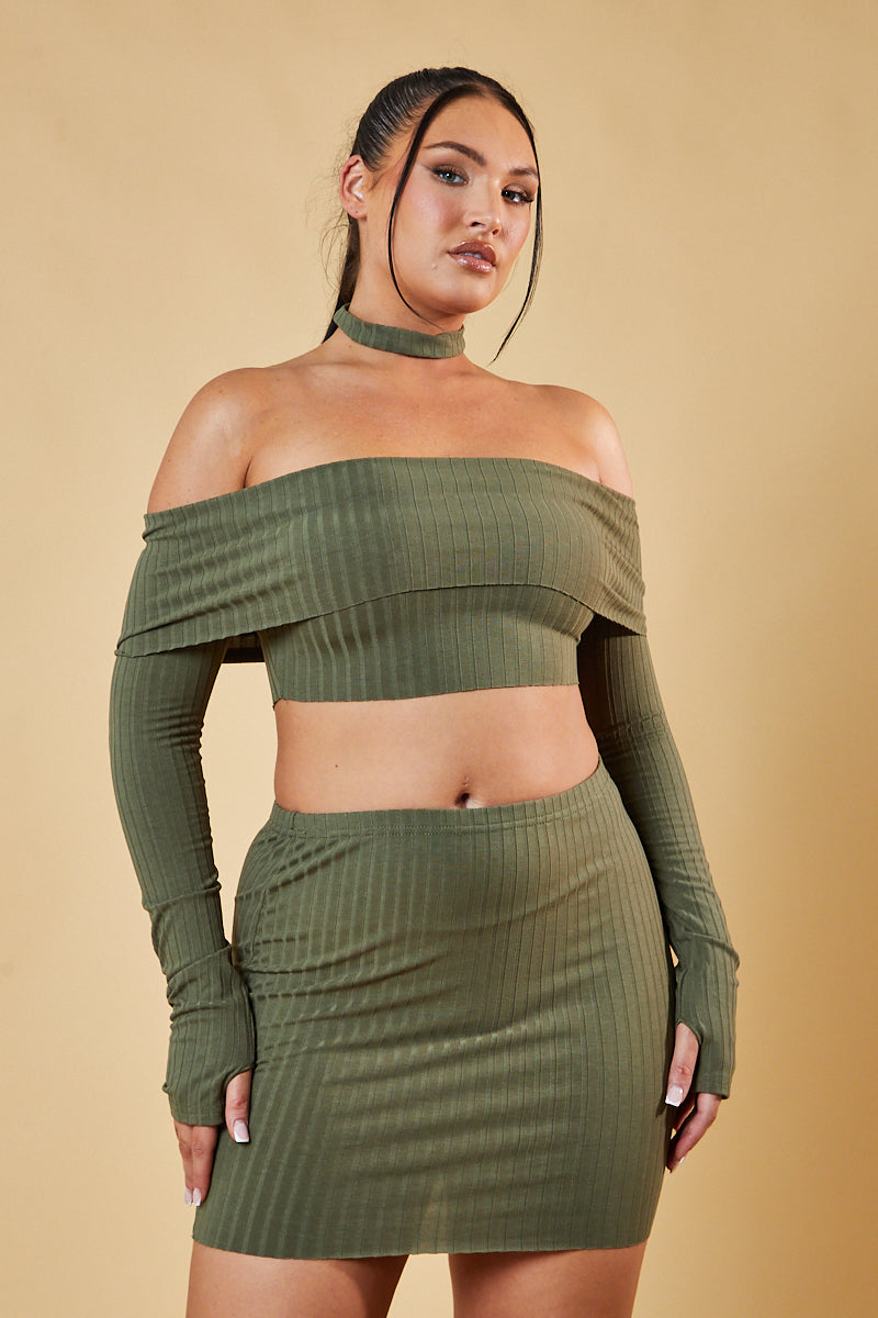 Khaki Bardot Choker Neck Cropped Top & Mini Skirt Co-ord Set - Carla - Size 14
