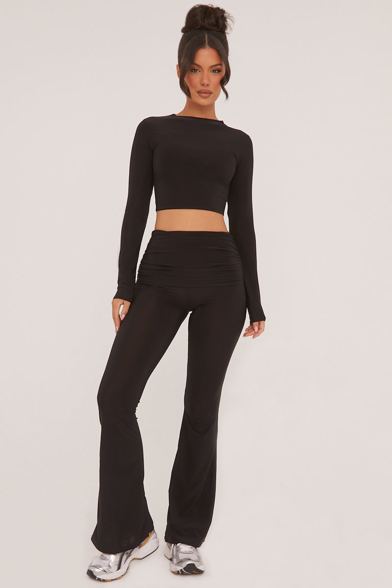 Black Round Neck Cropped Top & Wide Leg Trousers Co-ord Set - Zoe - Size 10