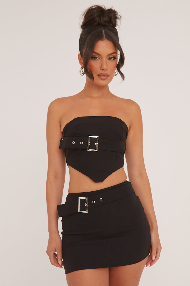 Black Bandeau Belt Detail Cropped Top & Mini Skirt Co-ord Set - Chloe - Size 12