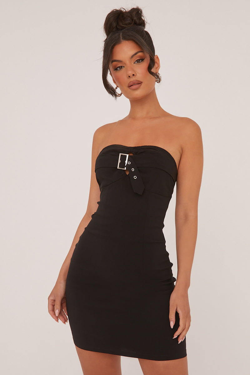 Black Bandeau Belt Detail Bodycon Mini Dress - Anaya - Size 12