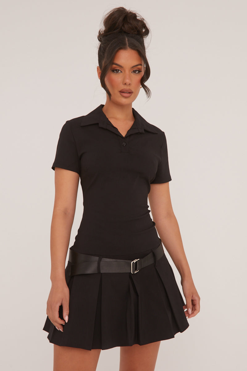 Black Pleated Hem Belt Detail Mini Dress - Millie - One Size (8 to 12)