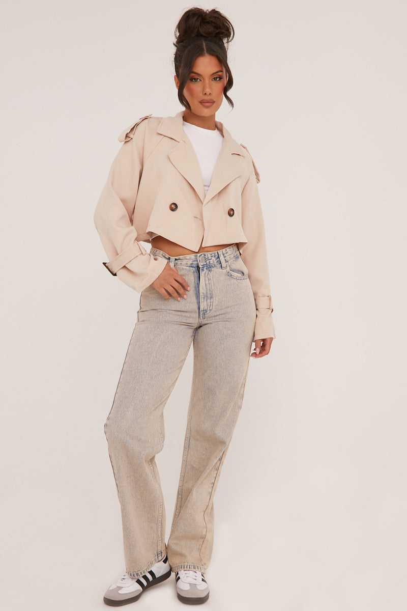 Beige Cropped Belted Trench Coat - Naomi - Size 12/14