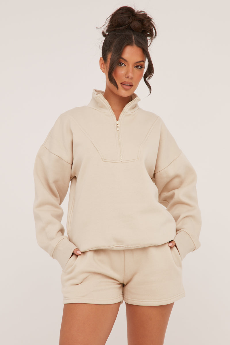 Stone Oversized Zip Front Sweatshirt & Mini Shorts Co-ord Set - Adriana - Size 12/14