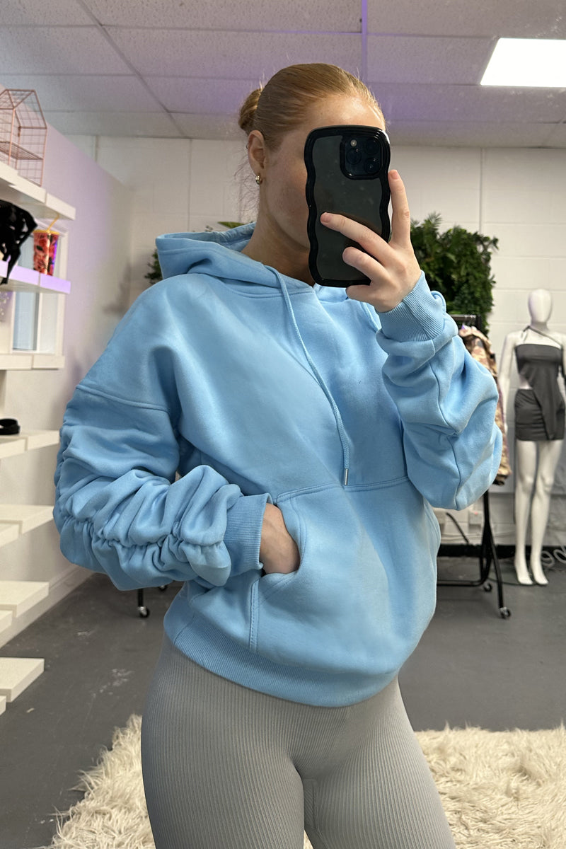 Blue Ruched Sleeve Oversized Hoodie - Lorna - Size 12