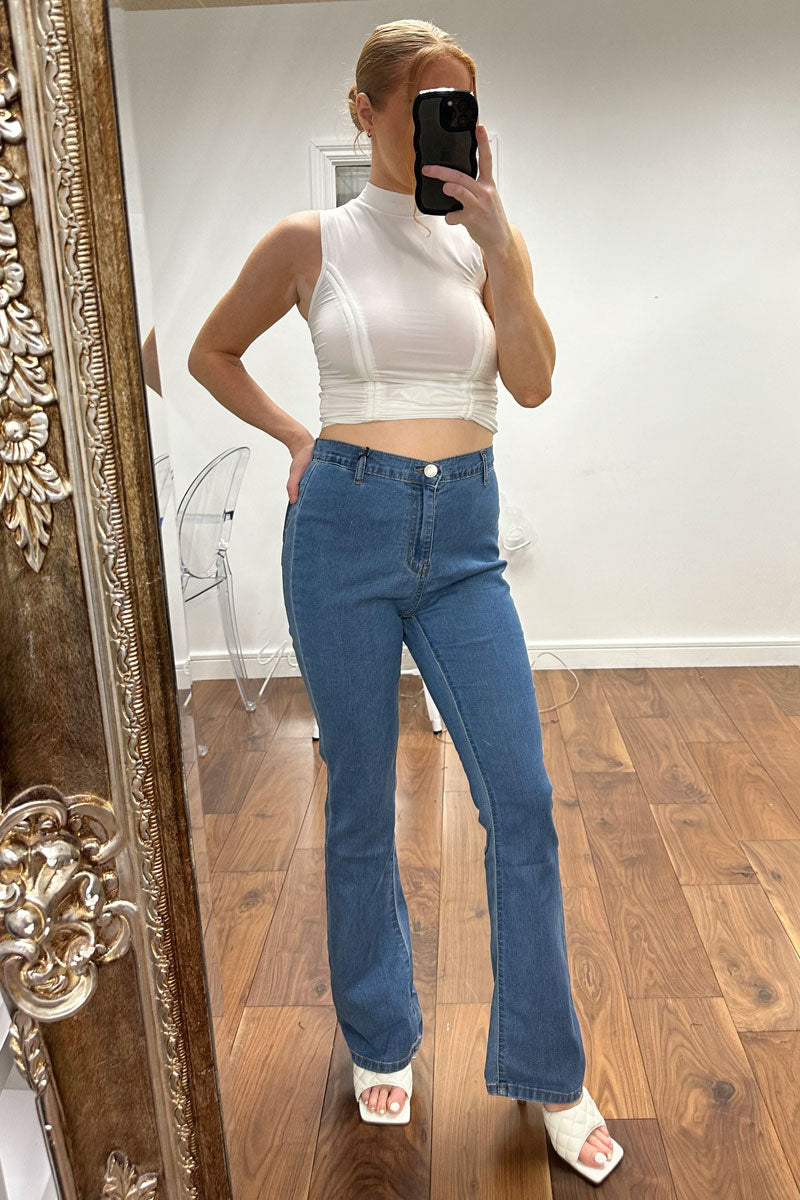 Mid Blue High Waist Flared Leg Jeans - Lina - Size 12