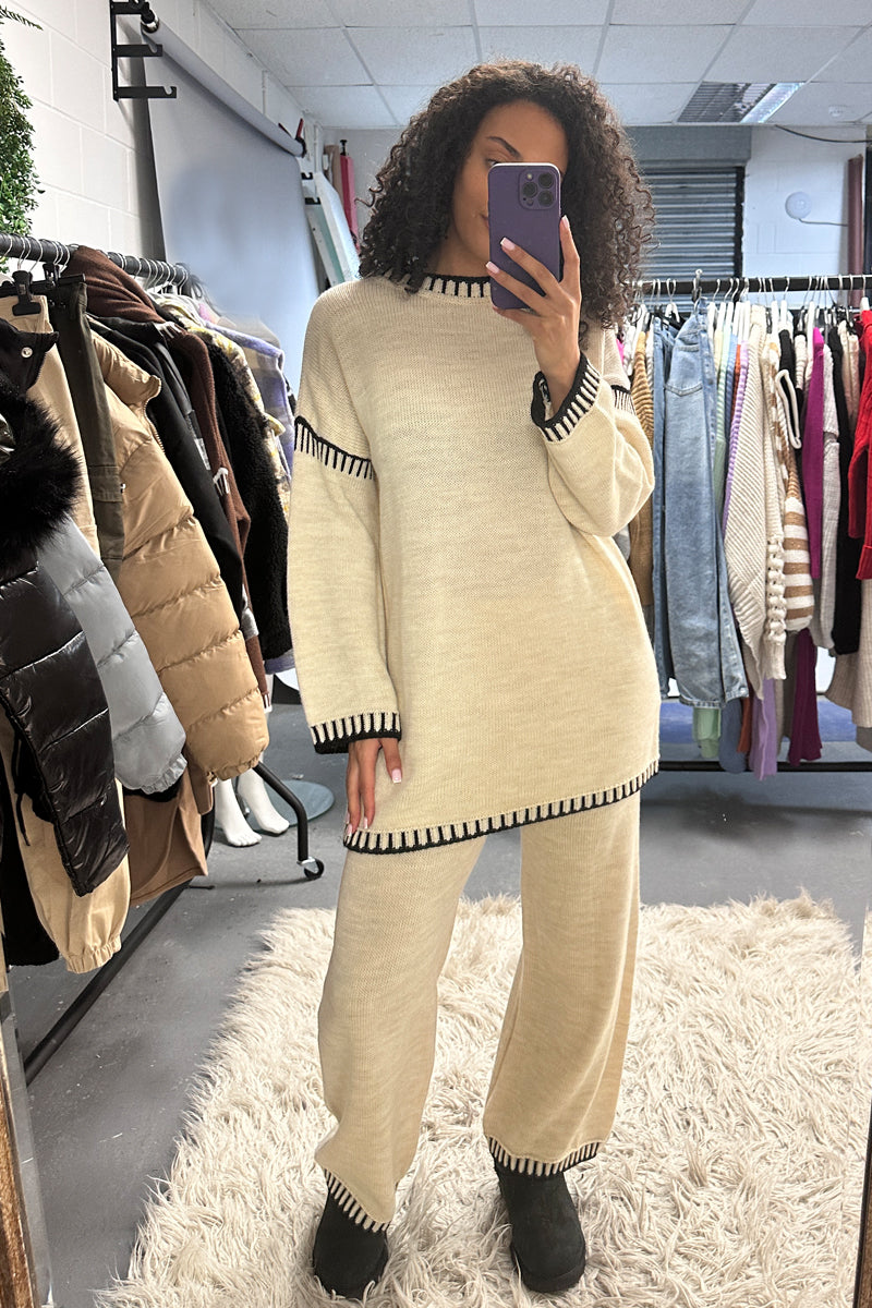 Beige Contrast Stitch Knitted Co-ord Set - Storm - One Size